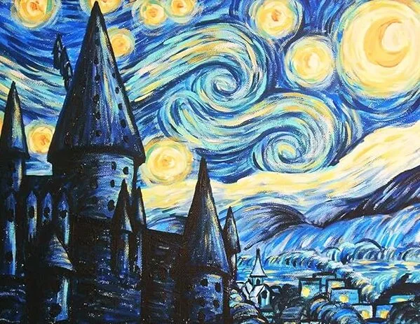 A medieval castle floating on clouds, painted in Van Gogh style